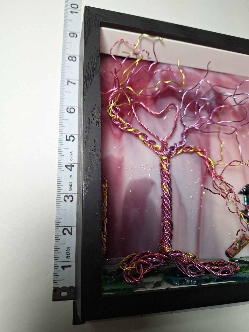 Hand crafted wire tree on fused glass, pink purple & gold in shadow box. - Picture 8 of 10